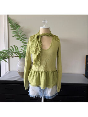 Twelve by Twelve Chartreuse Ruffle Statement Blouse Size M Peplum Necktie Top